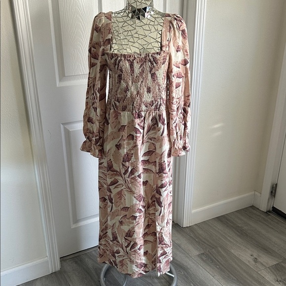 House of Harlow 1960 Linen Blend Midi Dress Pink White Palm Print Size Medium - Picture 2 of 14